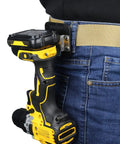 2 Pack Drill Holder Clip for Tool Belt with Quick Release holding drill on 2-inch belt attached to jeans pocket