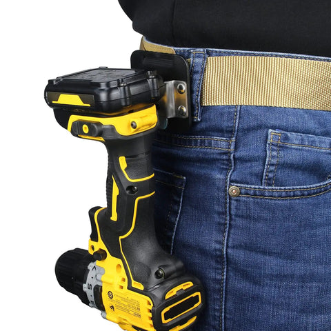 2 Pack Drill Holder Clip for Tool Belt with Quick Release holding drill on 2-inch belt attached to jeans pocket