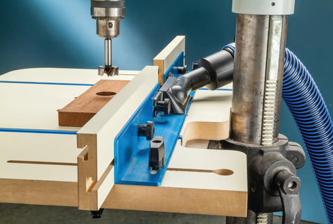 Dust Right Port for Drill Press Fence Portable Dust Collection Attachment Upward Angled Sawdust System in use on drill press
