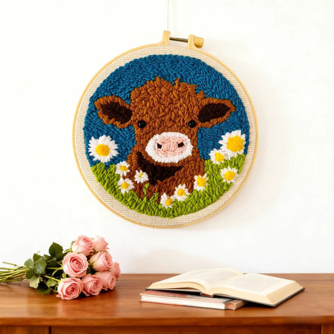 Beginner Punch Needle Kit With 20x20cm Hoop Cute Highland Cow And Daisy Design wall art above table with roses and book