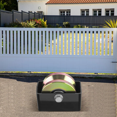 4 Inch Sliding Gate Rollers Wheel 2 Pack With V Groove And Welded Bracket in front of a white sliding gate