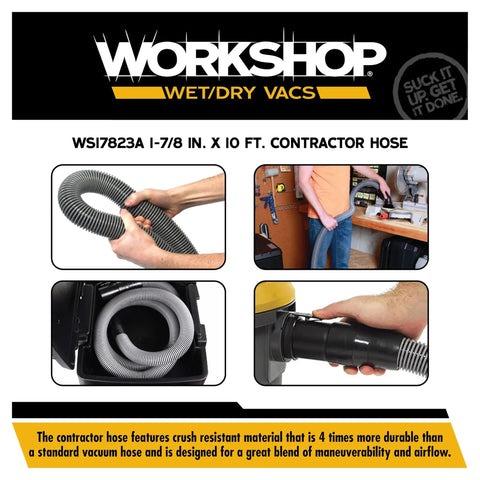 Collage showing 10-foot heavy duty contractor vacuum hose in workshop use.