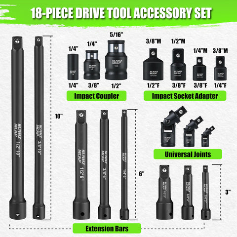 Heavy Duty 18-Piece Impact Socket Extension Set for 1/4, 3/8, and 1/2 Inch Drive with couplers and adapters