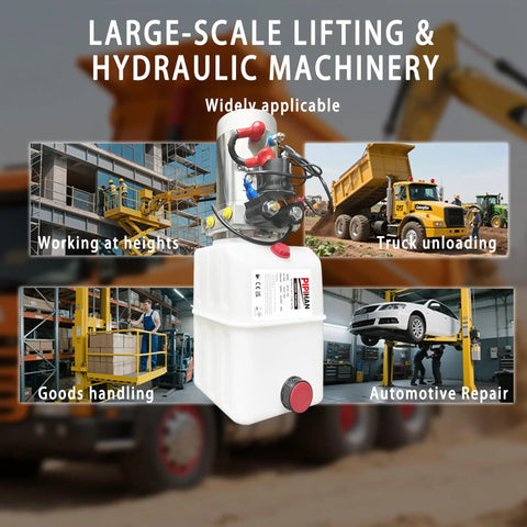 Double Acting 12V DC Hydraulic Pump Power Unit With 2 GPM Flow And 3200 PSI Plastic Reservoir SAE 6 Connector Ideal For Dump Trailers And Car Lifting 8 Quart Capacity shown among large-scale machinery applications