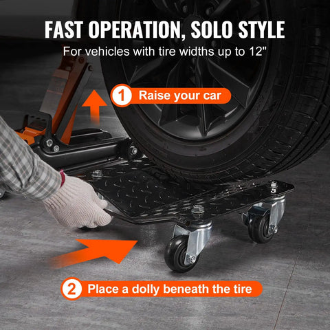Heavy Duty Car Wheel Dollies Moving Cart With Locking Brakes Rock Solid Vehicle Hauler sliding under a car tire.