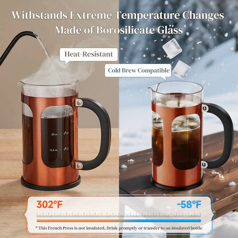 34oz No Plastic Touch French Press Coffee Maker with heat-resistant borosilicate glass, copper finish, for hot and cold brew