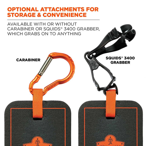 Compact Kneeling Pad With Carabiner And Built In Handle, 4 By 6 By 1 Inch NBR Foam Cushion with orange carabiner and holder