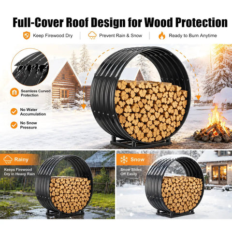 32 Inch Firewood Hoop Rack With Rustproof Cover, Heavy-Duty Wood Storage Stand Holds 500 Lbs in snowy and rainy settings