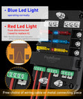 12V 6 Way Fuse Block With Relay for Marine and RV Applications showing LED indicators and wiring terminals