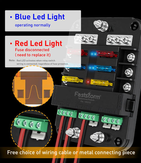 12V 6 Way Fuse Block With Relay for Marine and RV Applications showing LED indicators and wiring terminals