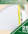 Clear Reusable Nameplate Pockets, 25 Pack, 9.5 X 3.4 Inches, displayed fanned out on a desk.