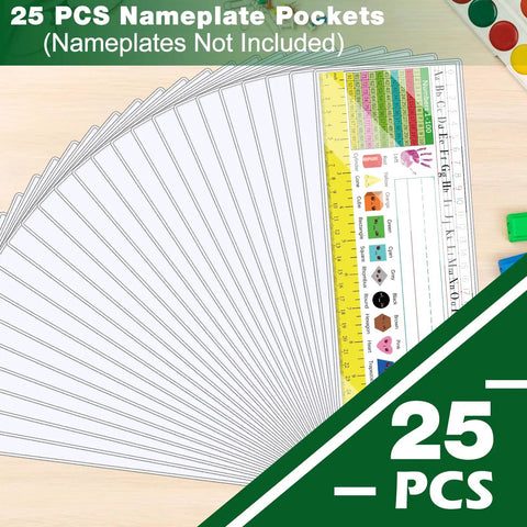 Clear Reusable Nameplate Pockets, 25 Pack, 9.5 X 3.4 Inches, displayed fanned out on a desk.