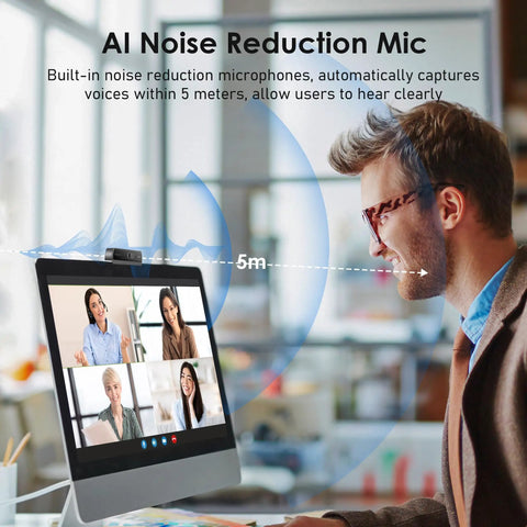 Person using 1080P HD Webcam With Built In Dual Mics And Noise Canceling Privacy Cover, 75 Degree FoV for video call.