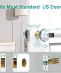 Smart Door Knob With App Control And Biometric Fingerprint Access Supports Up To 100 Fingerprints For Keyless Entry And Emergency Backup Keys Silver Finish For Interior Doors, shown with installation diagram and dimensions for standard US doors.