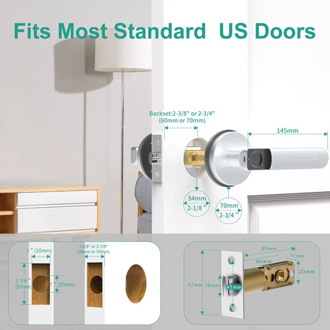 Smart Door Knob With App Control And Biometric Fingerprint Access Supports Up To 100 Fingerprints For Keyless Entry And Emergency Backup Keys Silver Finish For Interior Doors, shown with installation diagram and dimensions for standard US doors.
