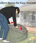Illustration showing a person assembling a Hanging Egg Chair With Cushions And Stand For Patio Garden Or Balcony Chill Outdoor Swing Chair Cozy Rattan Lounge Seat For Indoor Or Outdoor Use 350 Lbs Capacity Yellow.