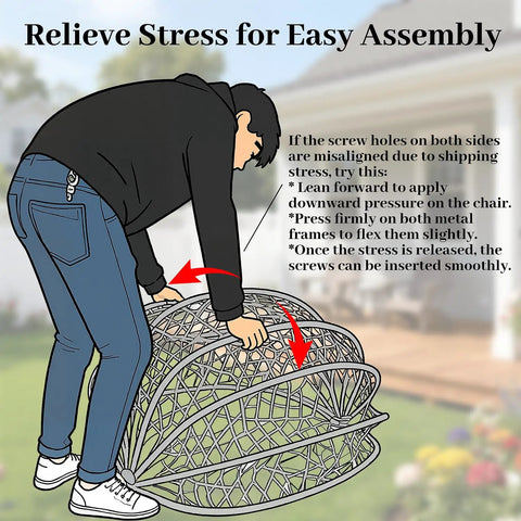 Illustration showing a person assembling a Hanging Egg Chair With Cushions And Stand For Patio Garden Or Balcony Chill Outdoor Swing Chair Cozy Rattan Lounge Seat For Indoor Or Outdoor Use 350 Lbs Capacity Yellow.