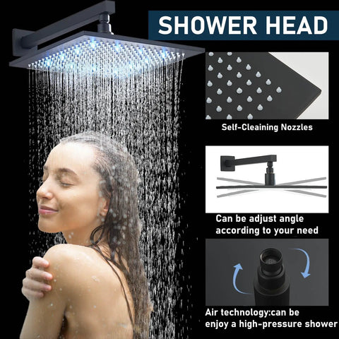 Woman enjoying shower under Matte Black All-In-One Shower System With 12-Inch LED Square Rain Shower Head And Handheld Spray