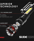 Rechargeable 500 Lumen LED Work Light And Flashlight With Red Light Mode and Zoom feature on display with specifications