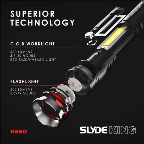 Rechargeable 500 Lumen LED Work Light And Flashlight With Red Light Mode and Zoom feature on display with specifications