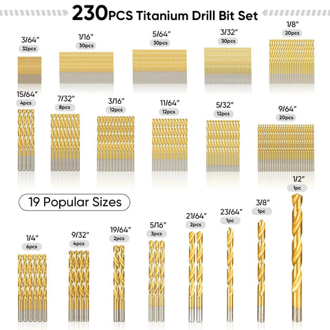 230 Piece Titanium Coated Drill Bit Set With 135 Degree Tip Pro Grade HSS Drill Bits Kit In Rugged Storage Case Display