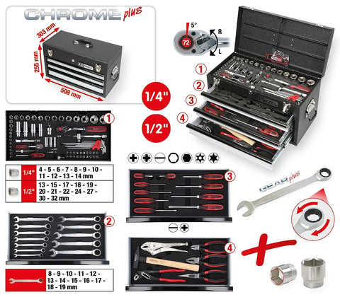ChromePlus Universal Tool Set, 99 Piece Gear With One Quarter Inch And One Half Inch Drive Bits, Clear Case, open drawers with tools
