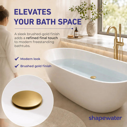 Heavy Duty Brass Pop Up Drain For Freestanding Tub With Brushed Gold Finish And Smart Hair Catcher To Beat Clog Headaches and Keep Your Jewel Drops Secured Tight in modern bathroom setup.