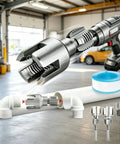 Four In One Pipe Wrench And Threader Kit For Pvc Pipes Electric Drill Compatible Tapping Set, shown on PVC pipe with threading tool.