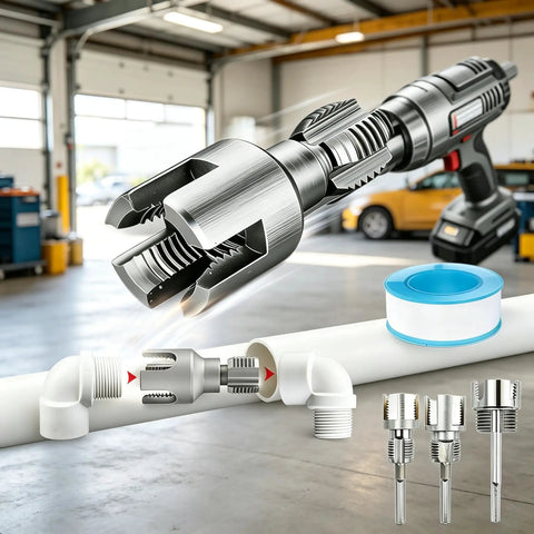 Four In One Pipe Wrench And Threader Kit For Pvc Pipes Electric Drill Compatible Tapping Set, shown on PVC pipe with threading tool.