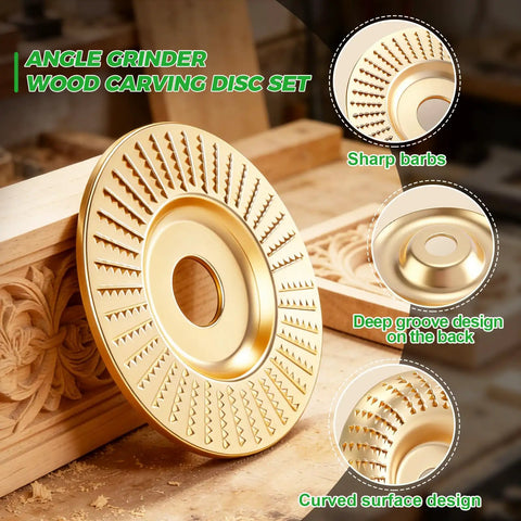 Pro Grade Five Piece Wood Carving Disc Set For 4 And 4.5 Inch Angle Grinders With 7/8 To 5/8 Inch Arbor on wooden surface