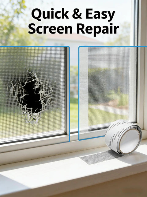 Self-Adhesive Mesh Tape For Window Screen Repair Patch installed on window with roll, quick application, long lasting