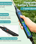 Close-up of hand holding Electric Telescopic Sprayer Wand with 2400mAh battery, showing 3 adjustable nozzles and seamless handle.