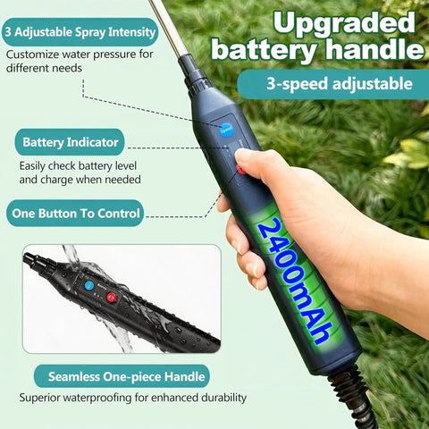 Close-up of hand holding Electric Telescopic Sprayer Wand with 2400mAh battery, showing 3 adjustable nozzles and seamless handle.