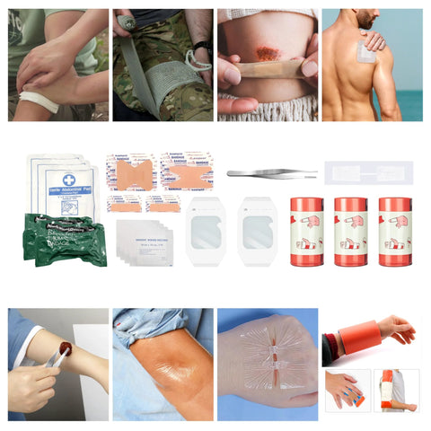 IFAK trauma first aid kit contents: hemostatic gauze, 6-inch Israel bandages, adhesive bandages, dressings (deep green).
