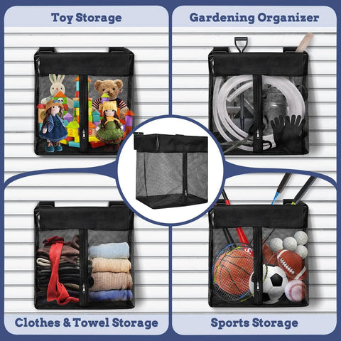 Large Mesh Slatwall Baskets Set Of 2 With 4 Hooks, 16x16x12 Inch Hanging Slat Wall Baskets for toy, gardening, clothes, sports storage
