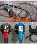 4 Pack Angle Grinder Holders Wall Mount Rack With Cord Hanger for 5 Inch Grinders showing before and after garage organization