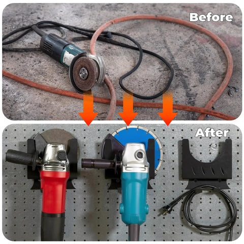 4 Pack Angle Grinder Holders Wall Mount Rack With Cord Hanger for 5 Inch Grinders showing before and after garage organization