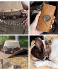 Rugged Western Zinc Alloy Conchos With Eighteen Faux Turquoise Screw Back Rivets And Tough Leathercraft Studs For Custom Boots Bags And Wraps Truly Badass Diy Hardware Kit showcased on various accessories.