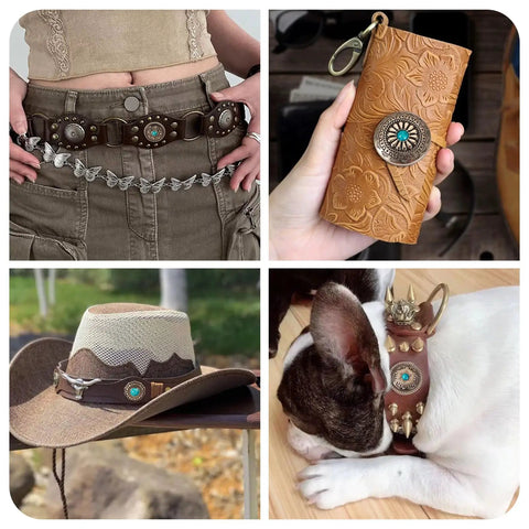 Rugged Western Zinc Alloy Conchos With Eighteen Faux Turquoise Screw Back Rivets And Tough Leathercraft Studs For Custom Boots Bags And Wraps Truly Badass Diy Hardware Kit showcased on various accessories.