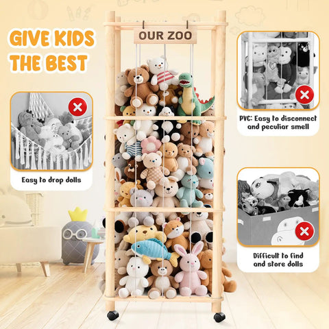 Extra Large Stuffed Animal Zoo Organizer With Wheels For Kids Rooms And Playrooms filled with plush toys in kids room