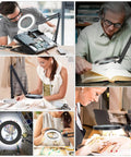 Ultimate Crafting Desk Magnifier Lamp in use for electronics, reading, sewing, and crafts, showing 8x and 10x magnification.