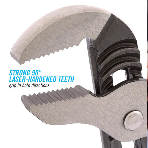 Close-up of laser-hardened teeth on 3 Piece Tongue And Groove Pliers Set With Laser Heat Treated Teeth For Lock Tight Grip Built Tough In High Carbon Steel 6.5 Inch 9.5 Inch And 12 Inch Pliers For Plumbing Automotive And Home Repairs