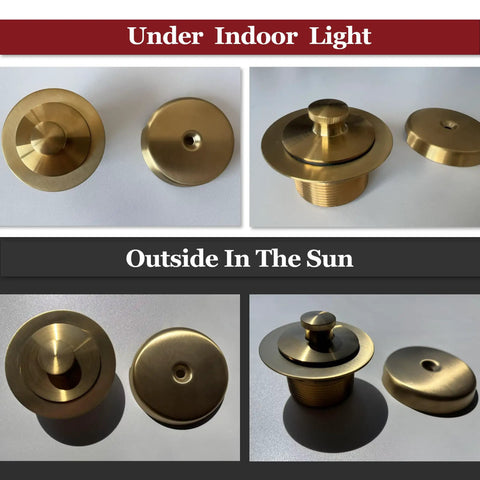 No Sweat Lift Turn Tub Drain Trim Kit With One Hole Overflow Faceplate Brushed Gold universal fit shown in light and shadow.