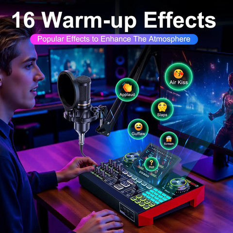 Person using All In One Podcast Kit With 3 Point 5mm BM800 Condenser Microphone For PC And Phone Live Streaming Singing Gaming And DJ Sets Audio Mixer With Voice Changer Denoise And Real Time Live Sound Board with warm-up effects.