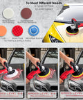 7 Inch Rotary Polisher For Car Detailing With 900W Motor, 4300 RPM, 6 Variable Speeds, showing foam and wool pad use