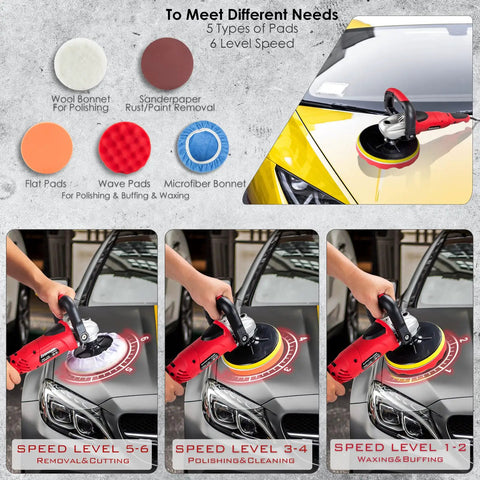 7 Inch Rotary Polisher For Car Detailing With 900W Motor, 4300 RPM, 6 Variable Speeds, showing foam and wool pad use