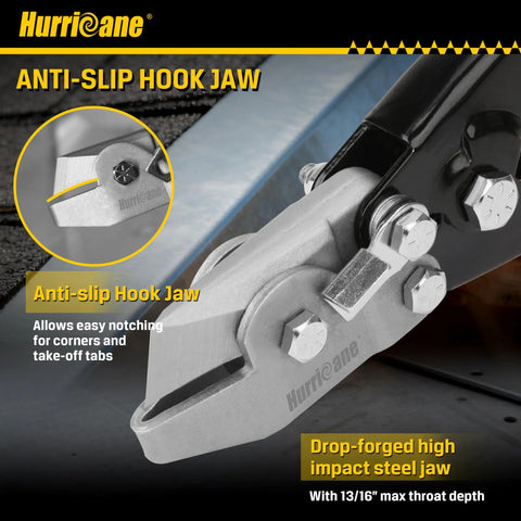 Hurricane anti-slip hook jaw sheet metal notch tool, steel construction for HVAC ductwork