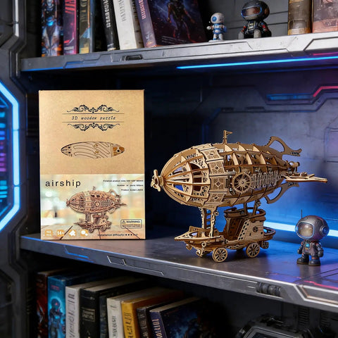 3D Wooden Airship Puzzle for Grown-Ups and Kids DIY Model Kit Brain Teaser with Laser Cut Plywood Craftsmanship displayed on a shelf