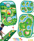 4 In 1 Kids Golf Set with retractable club, putting practice mat, three sided chipping net, sticky boards, and cornhole style golf board.
