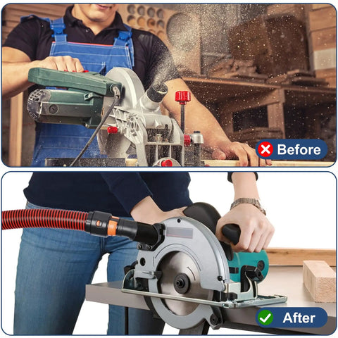 Comparison showing before and after using a Seven Piece Universal Vacuum Hose Adapter Kit With Multi Size Connectors for dust control.